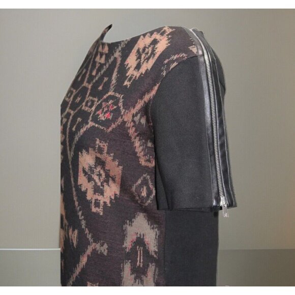 Sandro Short Sleeve Zipper Leather Trim Mini Dress Black w/ Aztec Print Size 2 - Picture 5 of 8